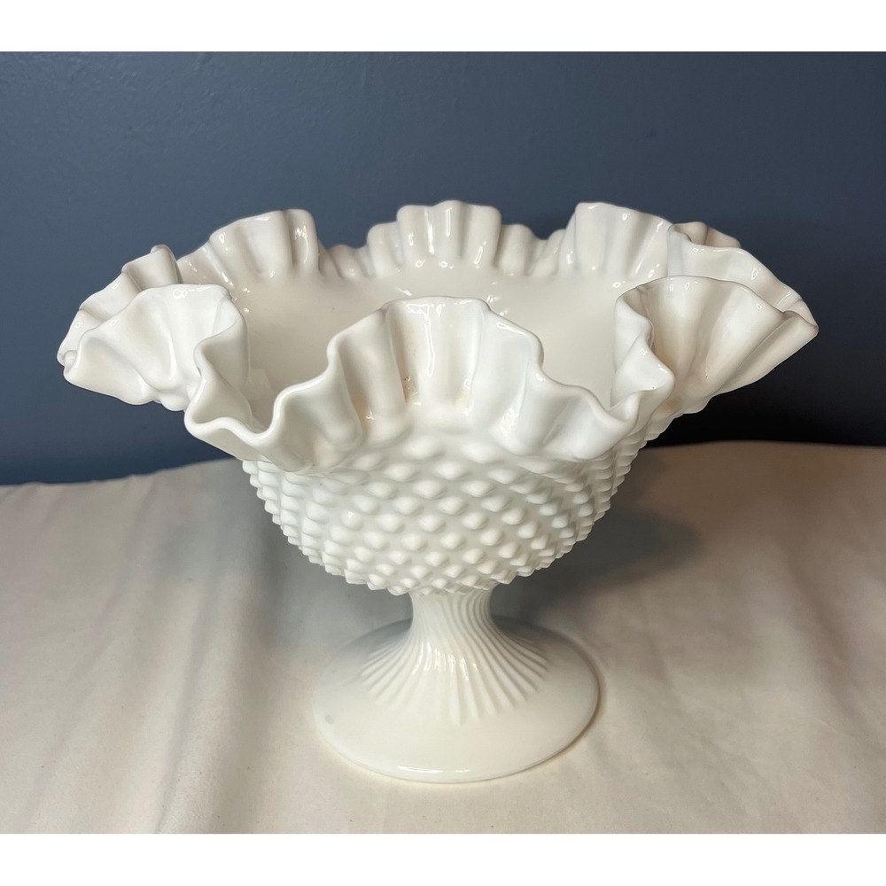 Vintage Fenton White Milk Glass Hobnail Double Crimp Ruffle Pedestal Compot Bowl